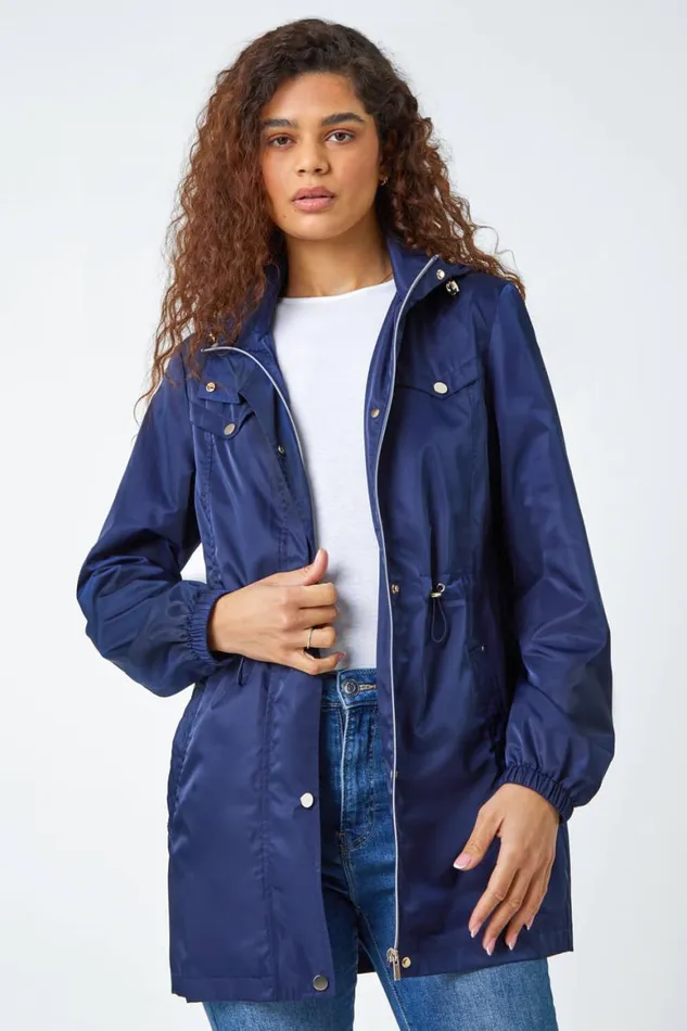 Women Navy Shower Resistant Longline Jacket Roman Jackets