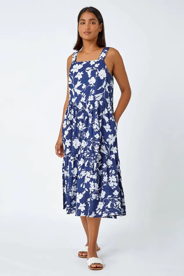 Women Navy Sleeveless Cotton Floral Midi Dress Roman Dresses