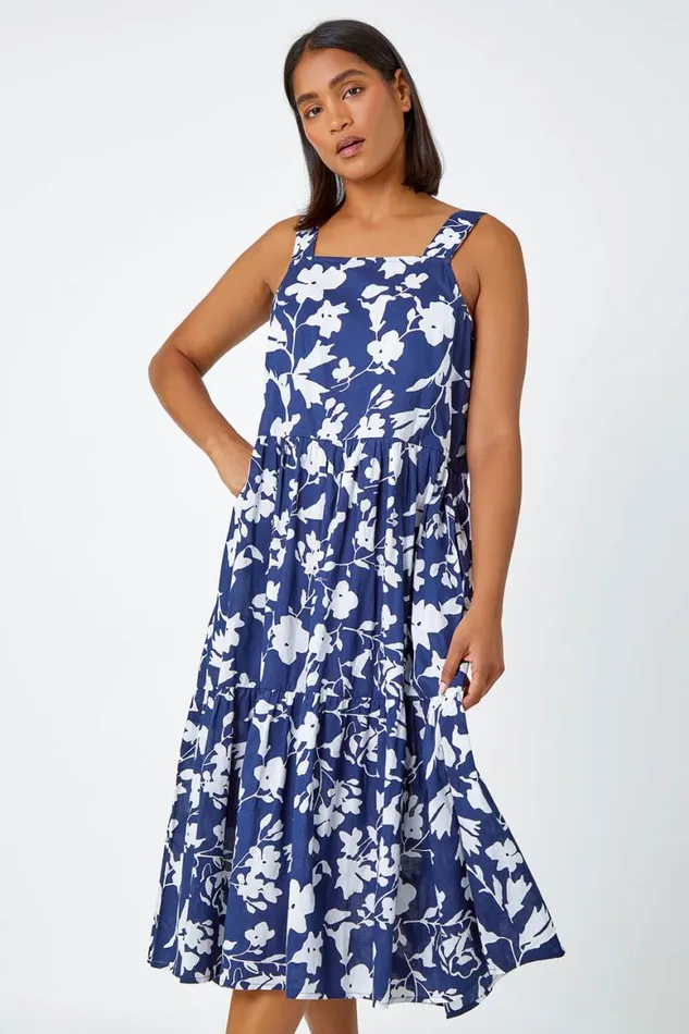 Women Navy Sleeveless Cotton Floral Midi Dress Roman Dresses