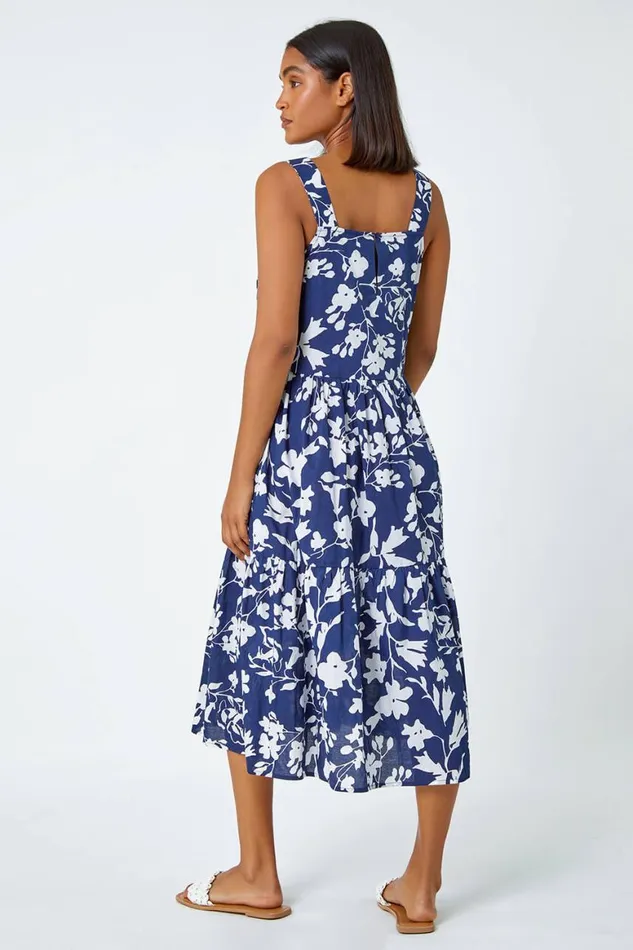 Women Navy Sleeveless Cotton Floral Midi Dress Roman Dresses