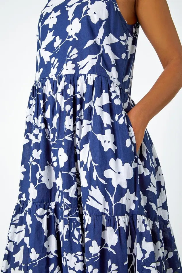 Women Navy Sleeveless Cotton Floral Midi Dress Roman Dresses