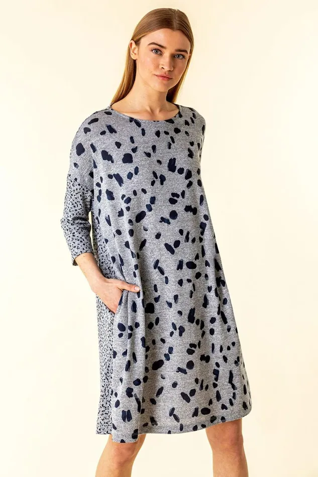Women Navy Spot Print Pocket Jersey Dress Roman Dresses