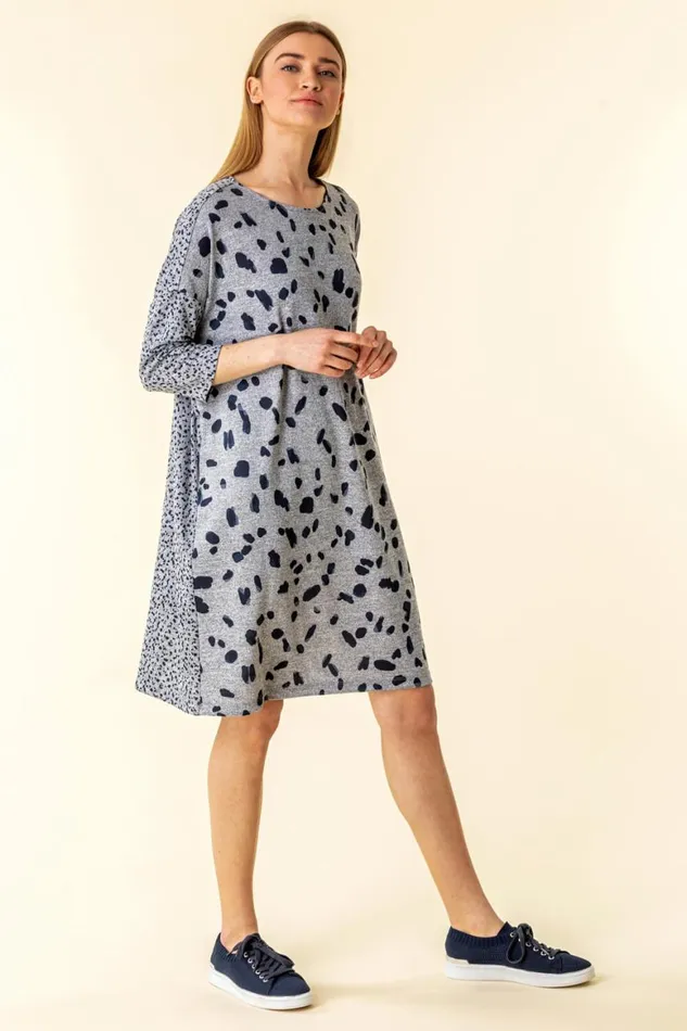 Women Navy Spot Print Pocket Jersey Dress Roman Dresses