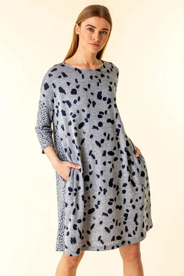 Women Navy Spot Print Pocket Jersey Dress Roman Dresses