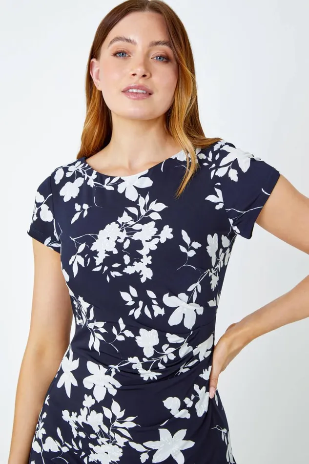 Women Navy Textured Floral Print Fitted Dress Roman Dresses