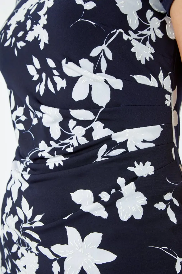 Women Navy Textured Floral Print Fitted Dress Roman Dresses