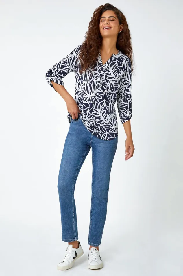 Women Navy Textured Floral Print Stretch Top Roman Tops