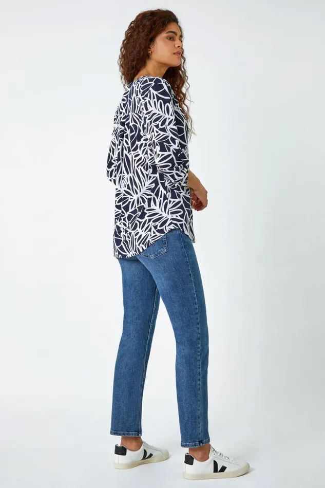 Women Navy Textured Floral Print Stretch Top Roman Tops