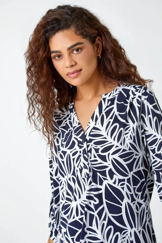 Women Navy Textured Floral Print Stretch Top Roman Tops
