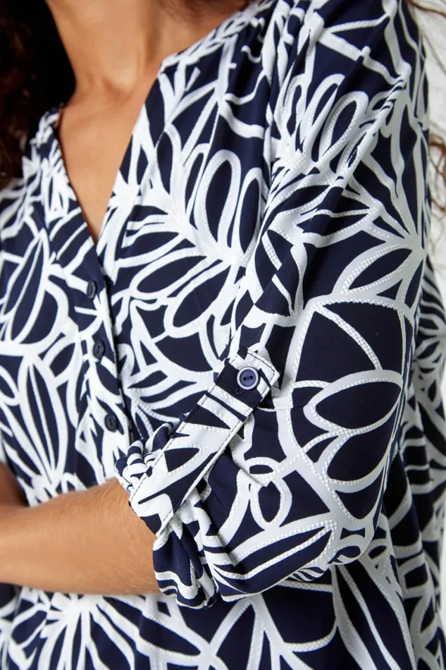 Women Navy Textured Floral Print Stretch Top Roman Tops
