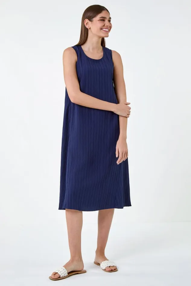 Women Navy Textured Sleeveless Midi Dress Roman Dresses
