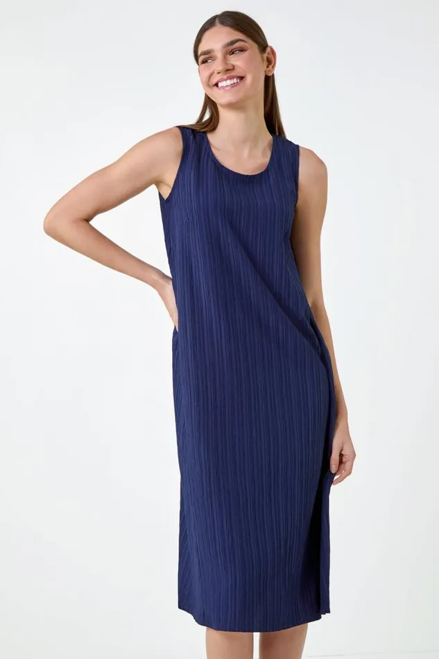 Women Navy Textured Sleeveless Midi Dress Roman Dresses
