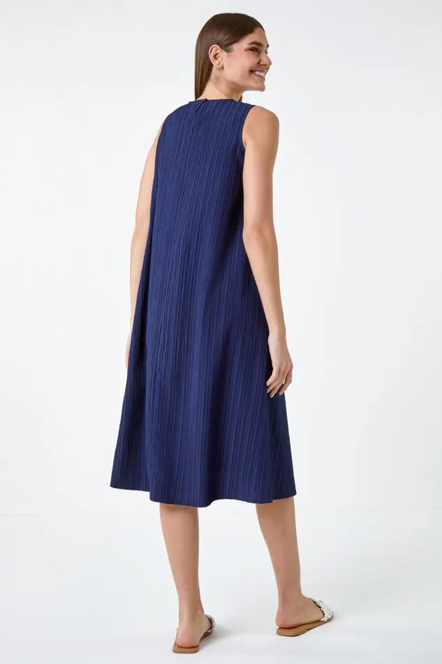 Women Navy Textured Sleeveless Midi Dress Roman Dresses