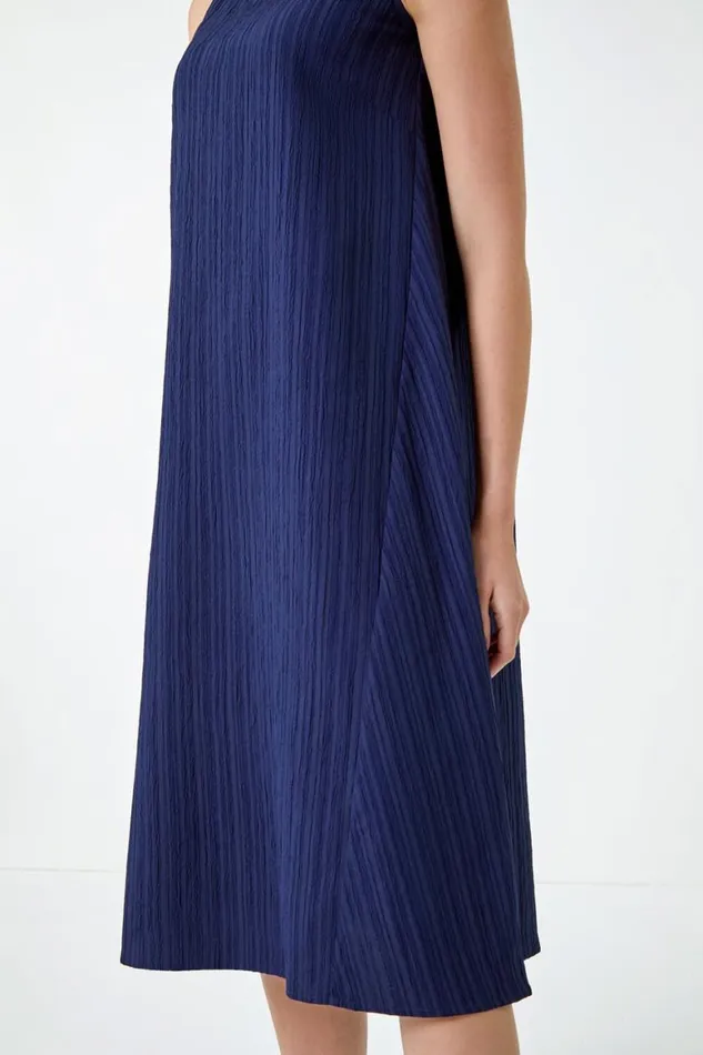 Women Navy Textured Sleeveless Midi Dress Roman Dresses