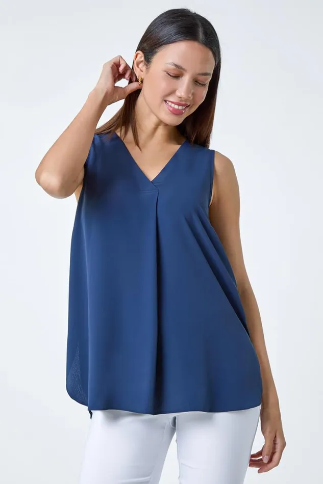 Women Navy VNeck Sleeveless Pleat Vest Top Roman Tops