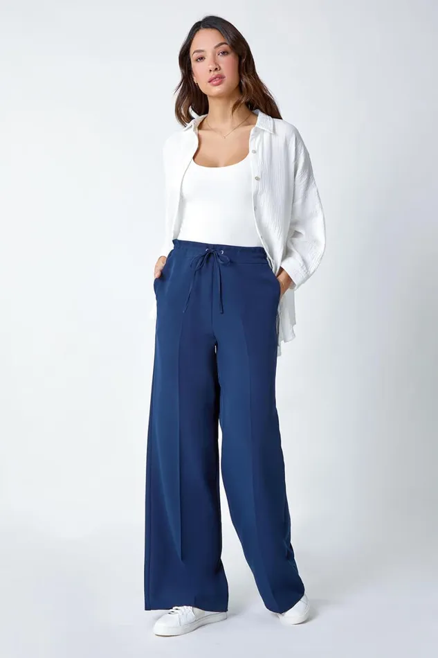 Women Navy Wide Leg Elastic Waist Tie Front Trouser Roman Trousers