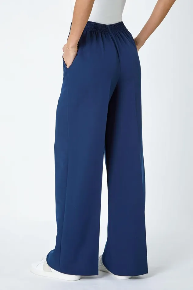 Women Navy Wide Leg Elastic Waist Tie Front Trouser Roman Trousers