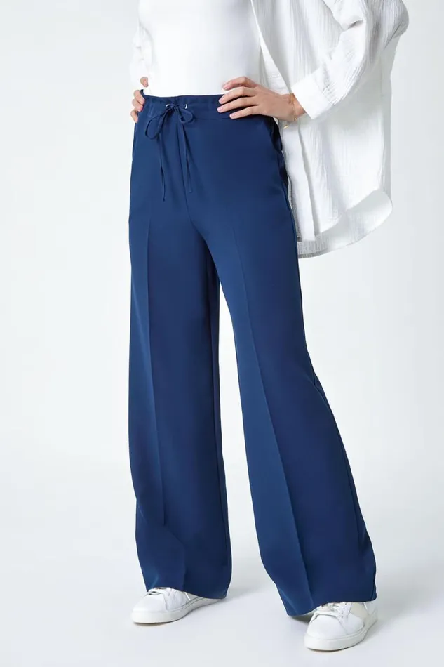 Women Navy Wide Leg Elastic Waist Tie Front Trouser Roman Trousers