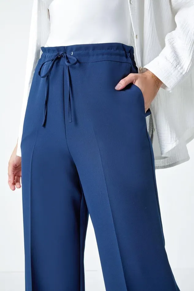 Women Navy Wide Leg Elastic Waist Tie Front Trouser Roman Trousers