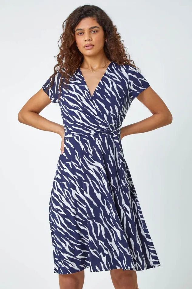 Women Navy Zebra Print Stretch Wrap Skater Dress Roman Dresses