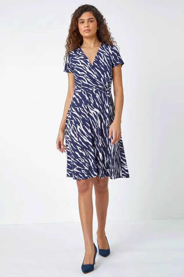 Women Navy Zebra Print Stretch Wrap Skater Dress Roman Dresses