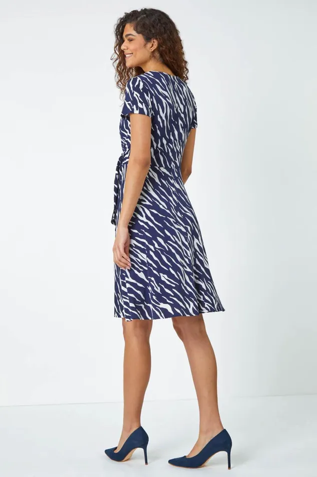 Women Navy Zebra Print Stretch Wrap Skater Dress Roman Dresses