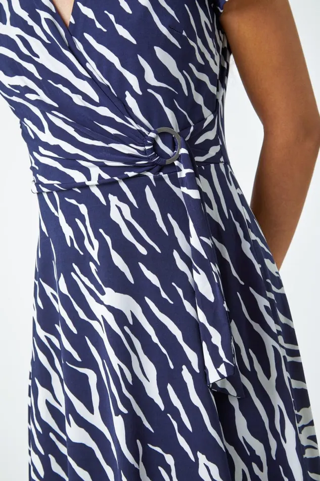 Women Navy Zebra Print Stretch Wrap Skater Dress Roman Dresses
