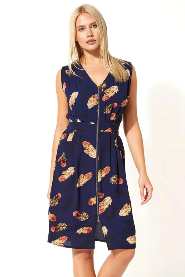 Women Navy Zip Through Feather Print Dress Roman Dresses