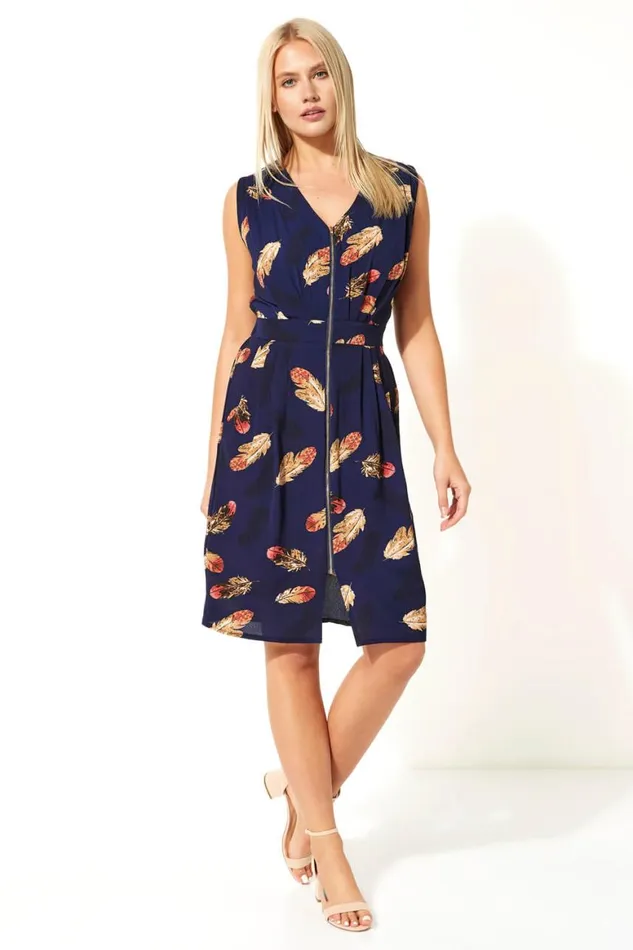 Women Navy Zip Through Feather Print Dress Roman Dresses