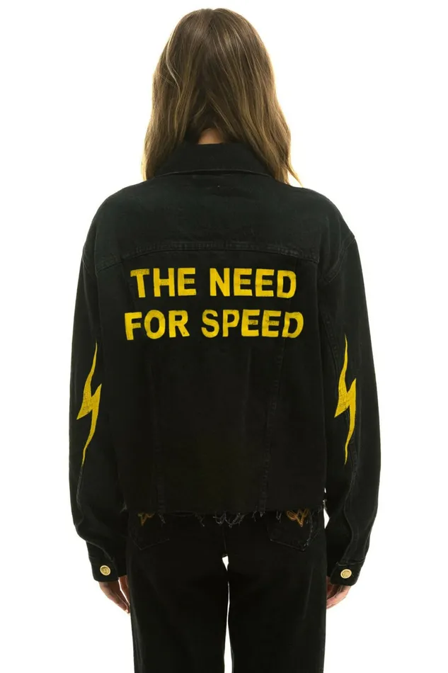 Women NEED FOR SPEED OVERSIZED CROP DENIM JACKET 8211 VINTAGE BLACK Aviator Nation