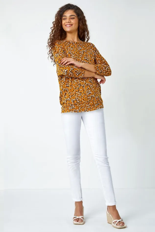 Women Ochre Ditsy Floral Stretch Blouson Top Roman Tops