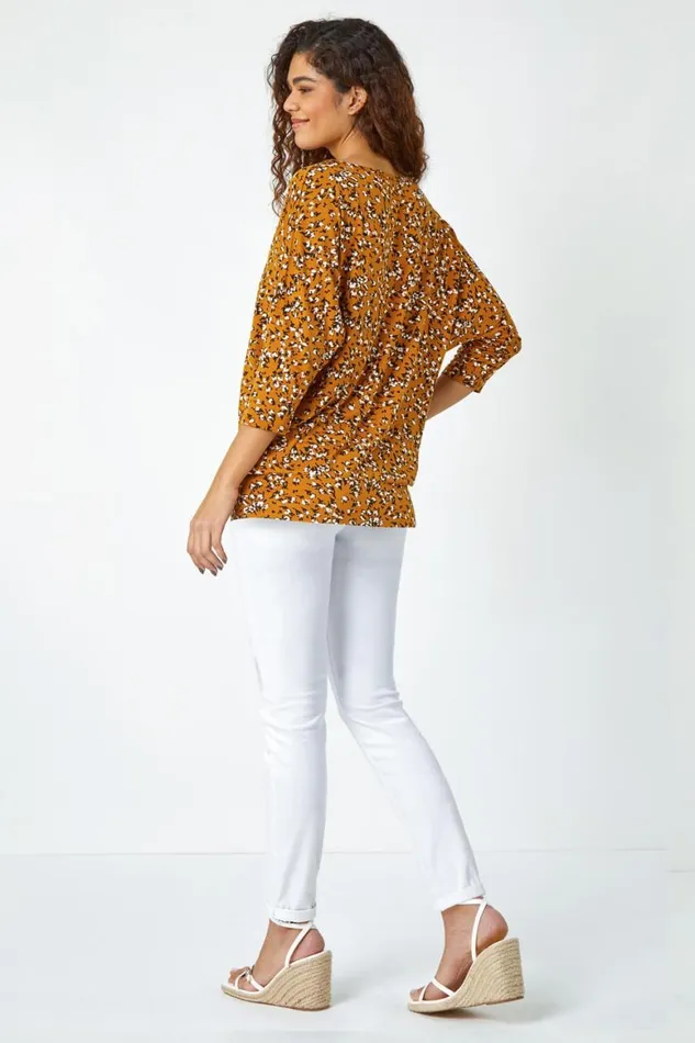 Women Ochre Ditsy Floral Stretch Blouson Top Roman Tops