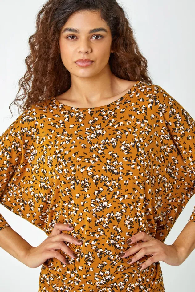Women Ochre Ditsy Floral Stretch Blouson Top Roman Tops