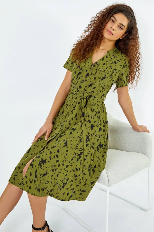 Women Olive Abstract Spot Print Shirt Dress Roman Dresses