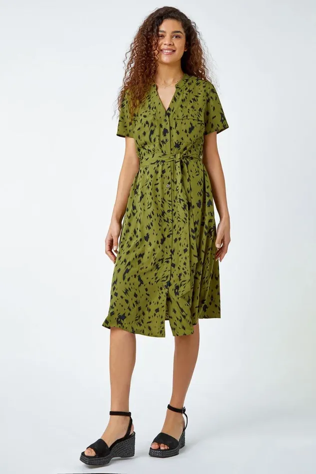 Women Olive Abstract Spot Print Shirt Dress Roman Dresses
