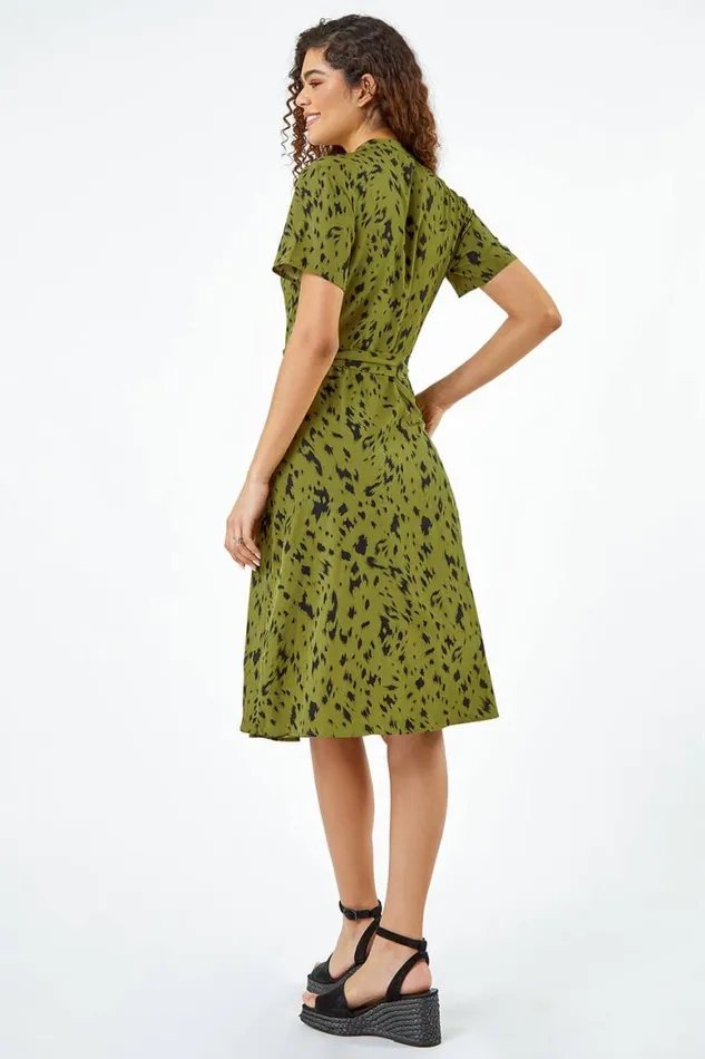 Women Olive Abstract Spot Print Shirt Dress Roman Dresses