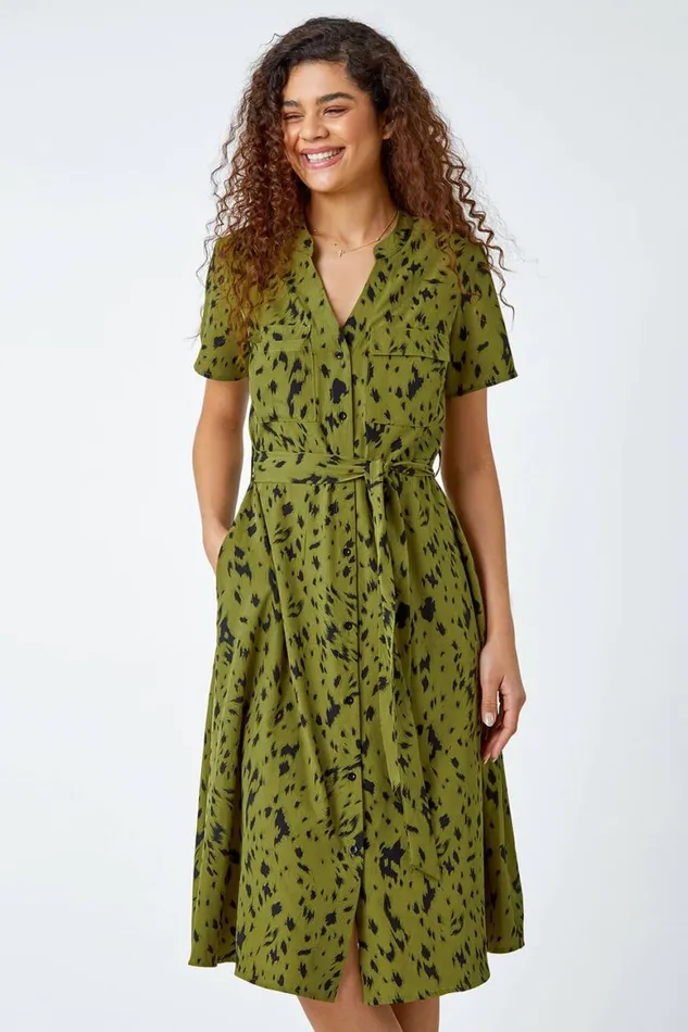 Women Olive Abstract Spot Print Shirt Dress Roman Dresses