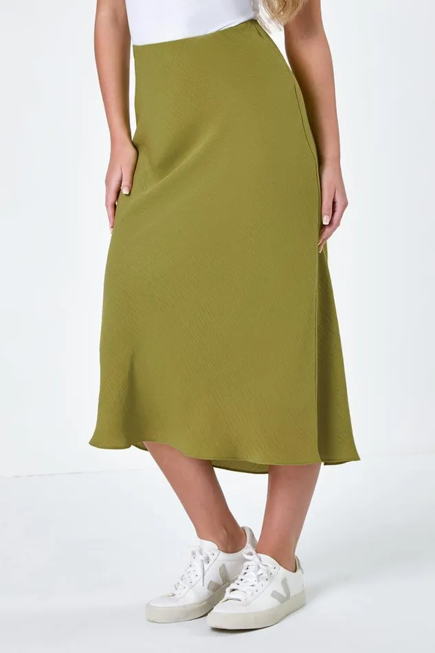 Women Olive Petite Plain Bias Cut Midi Skirt Roman Skirts