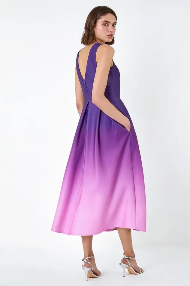 Women Ombre Pleated Luxe Stretch Midi Dress Roman Dresses