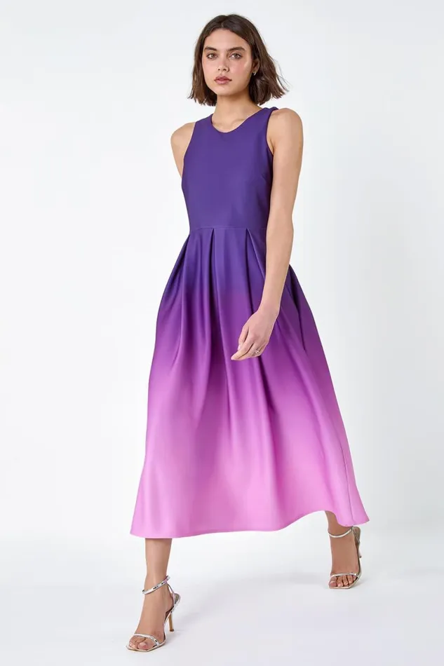 Women Ombre Pleated Luxe Stretch Midi Dress Roman Dresses