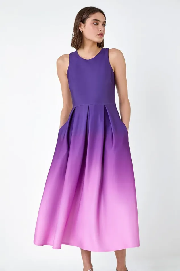 Women Ombre Pleated Luxe Stretch Midi Dress Roman Dresses
