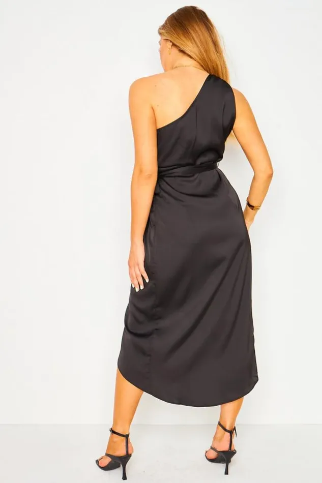 Women One Shoulder Belted Midi Dress In Black Black Brentiny Paris Satin Dresses