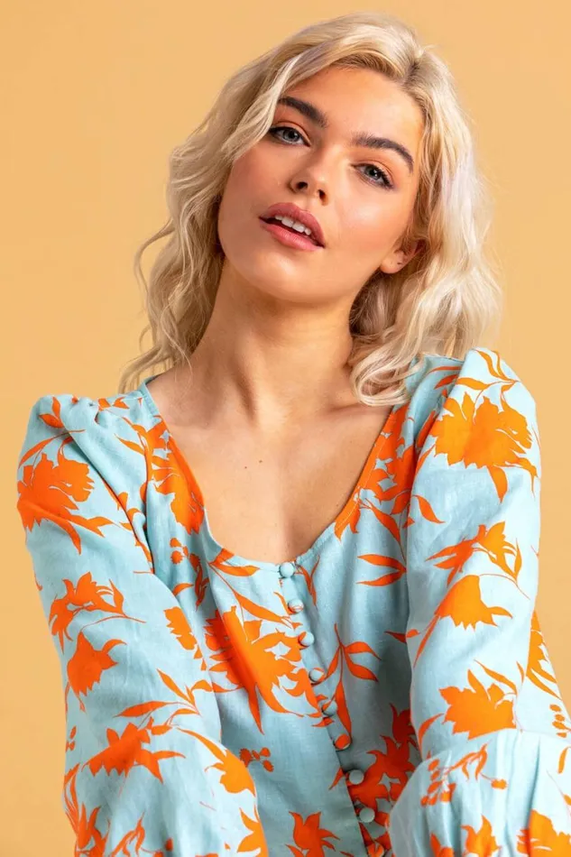 Women Orange Button Though Floral Print Blouse Roman Tops