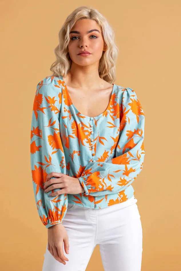 Women Orange Button Though Floral Print Blouse Roman Tops