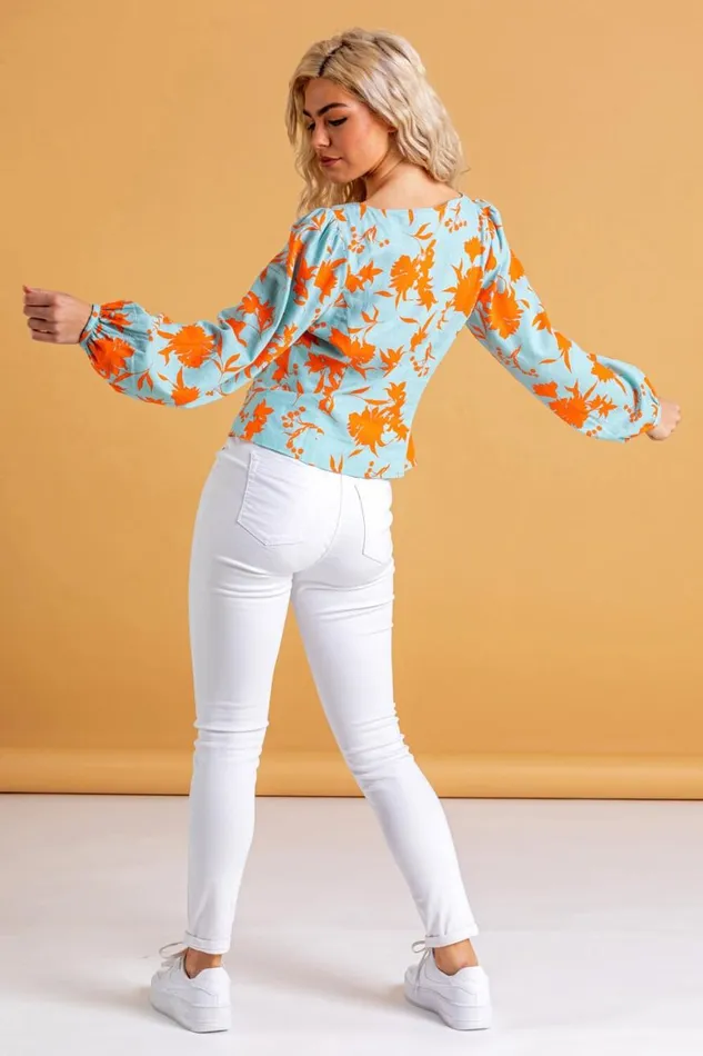 Women Orange Button Though Floral Print Blouse Roman Tops