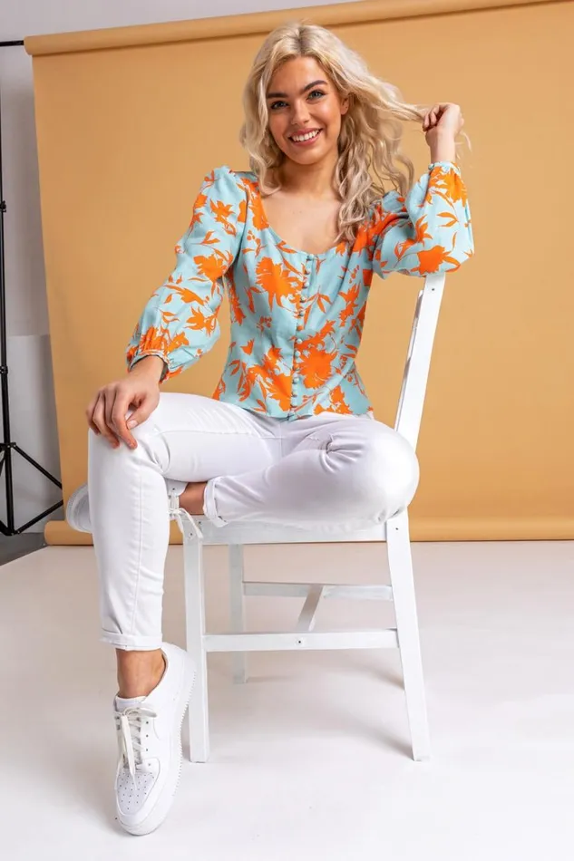 Women Orange Button Though Floral Print Blouse Roman Tops