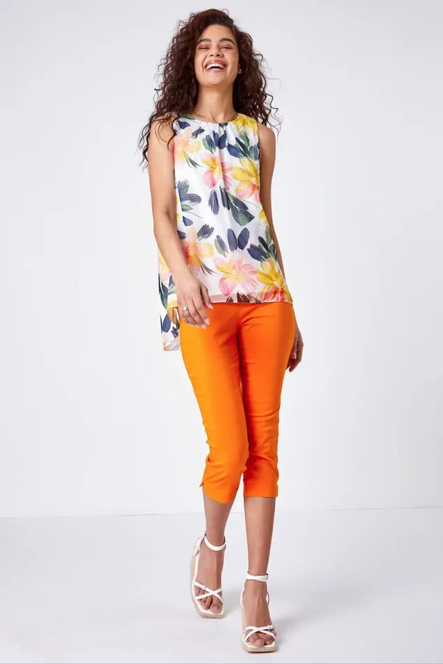 Women Orange Cropped Stretch Trouser Roman Trousers