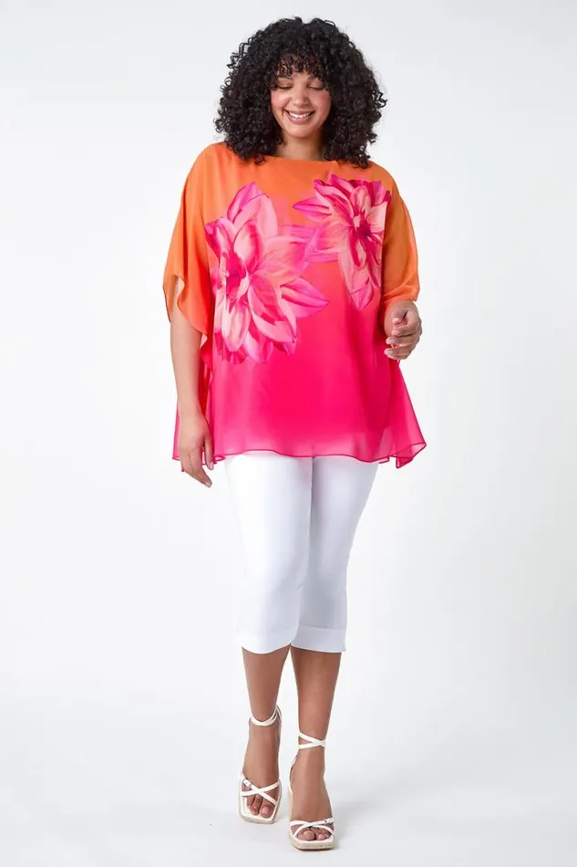 Women Orange Curve Floral Print Chiffon Overlay Top Roman Tops
