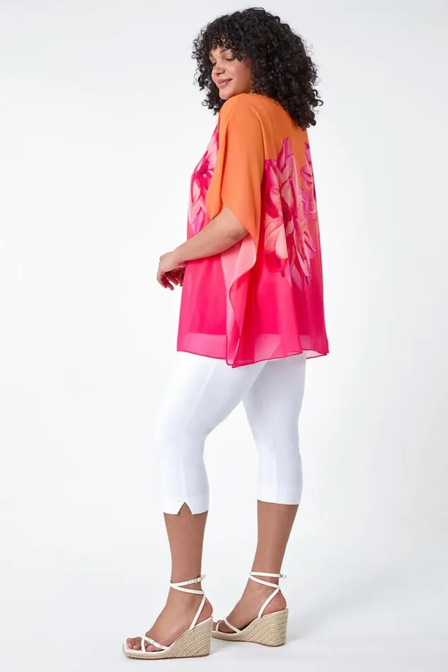 Women Orange Curve Floral Print Chiffon Overlay Top Roman Tops