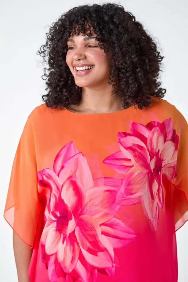 Women Orange Curve Floral Print Chiffon Overlay Top Roman Tops